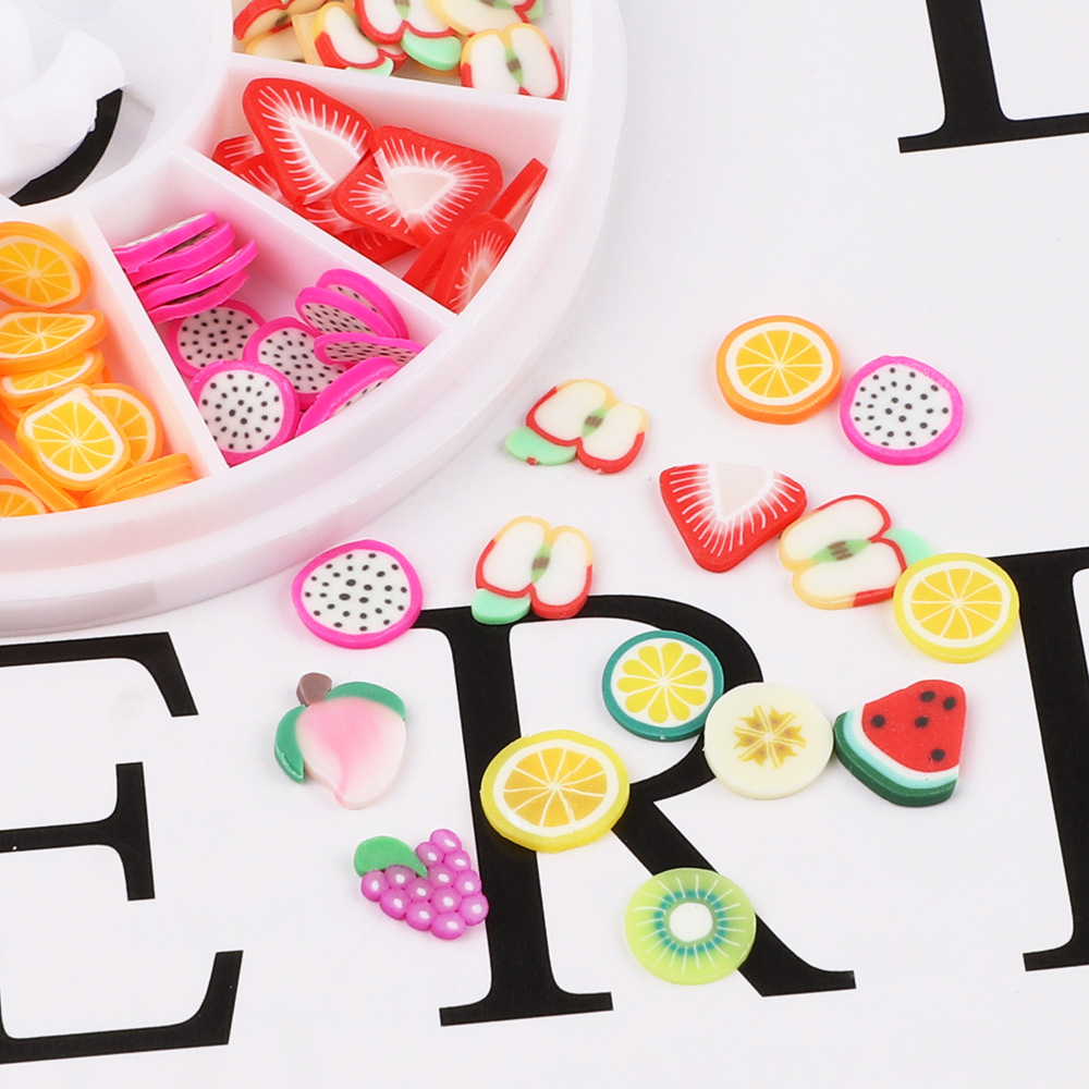 跨境美甲软陶片饰品diy儿童指甲贴水果片12色盒装水果软陶片套装