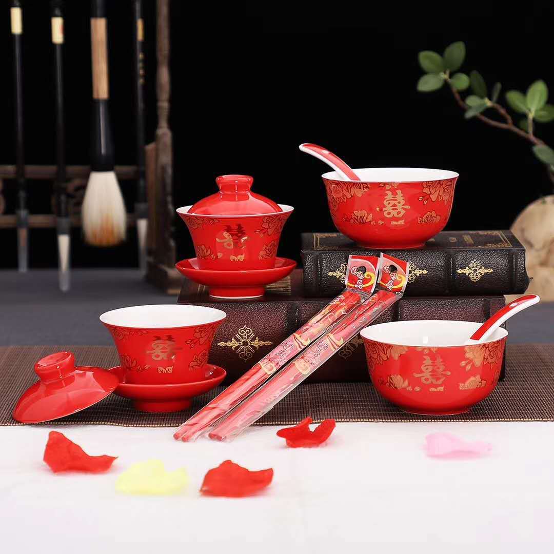 结婚喜碗筷套装中式喜碗双喜碗婚礼陶瓷对碗景德镇厂家供应