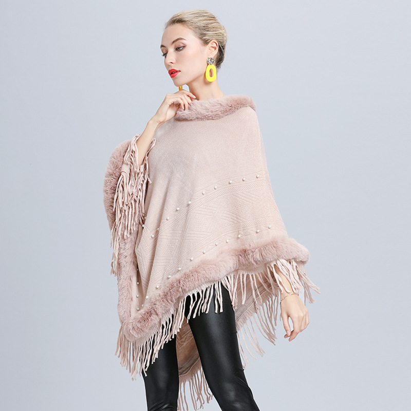 1642# European and American Autumn and Winter New Jacquard Pearl Tassel Women's Outer Wear Warm Fur Collar Shawl Cape