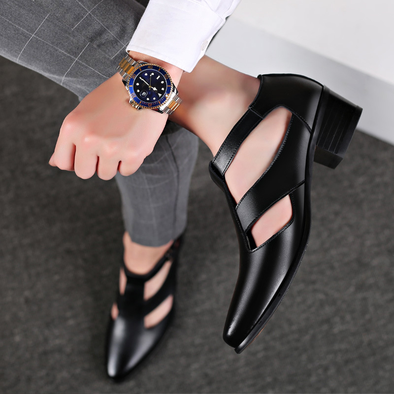 皮凉鞋男真皮尖头商务皮鞋男士镂空洞洞鞋增高男鞋夏季透气凉拖鞋