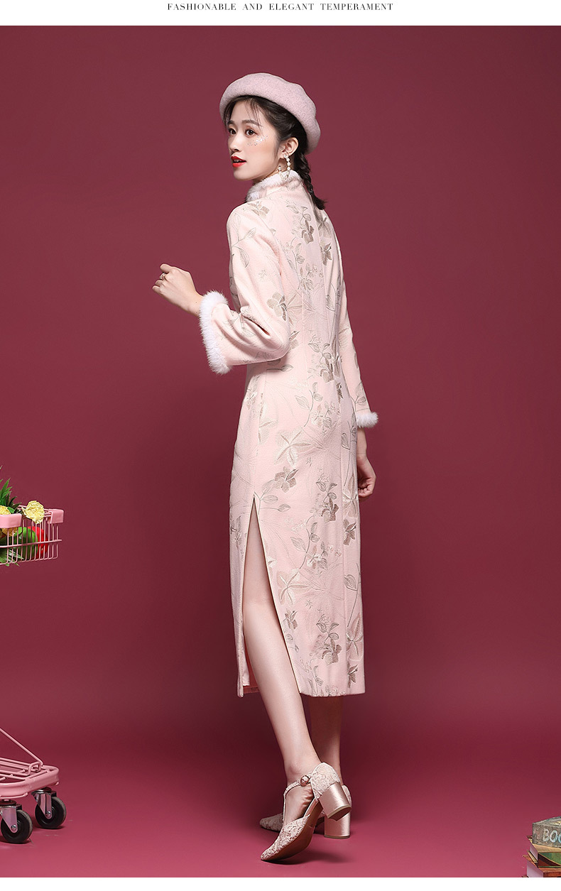 中国风女装2020年新款冬季复古毛呢长袖长款改良旗袍连衣裙20868