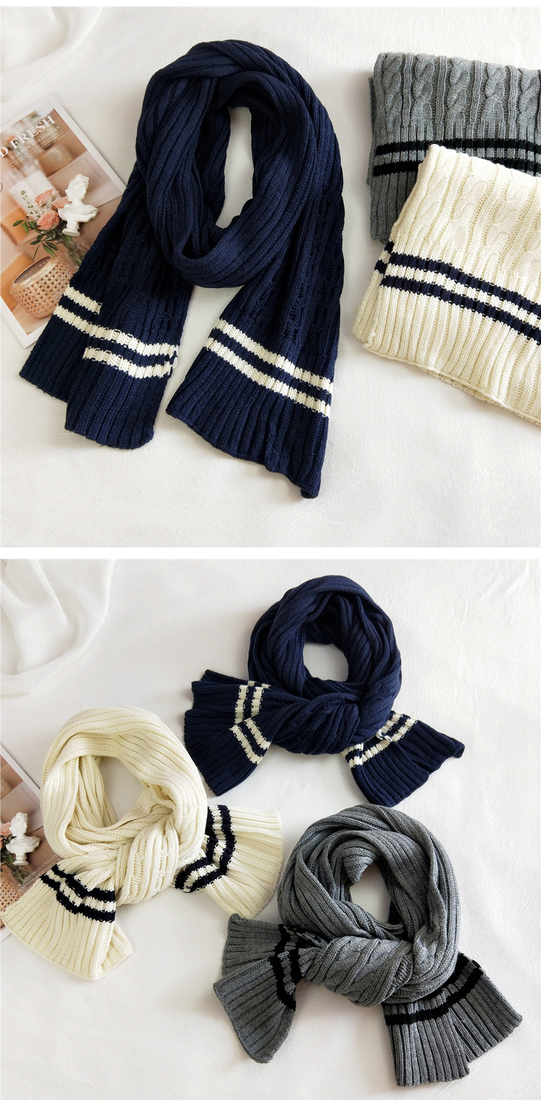 条纹双色毛线针织围巾女冬季韩版百搭ins潮可爱少女学生保暖围脖