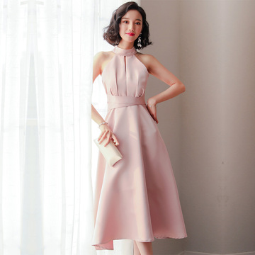 莺耳 小礼服宴会名媛2022新款夏季主持人中长款粉色伴娘晚礼服女