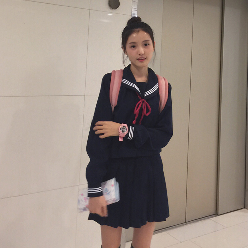 厂家直供 正统jk制服藏蓝色三本长袖关西襟水手服中间服/秋冬服