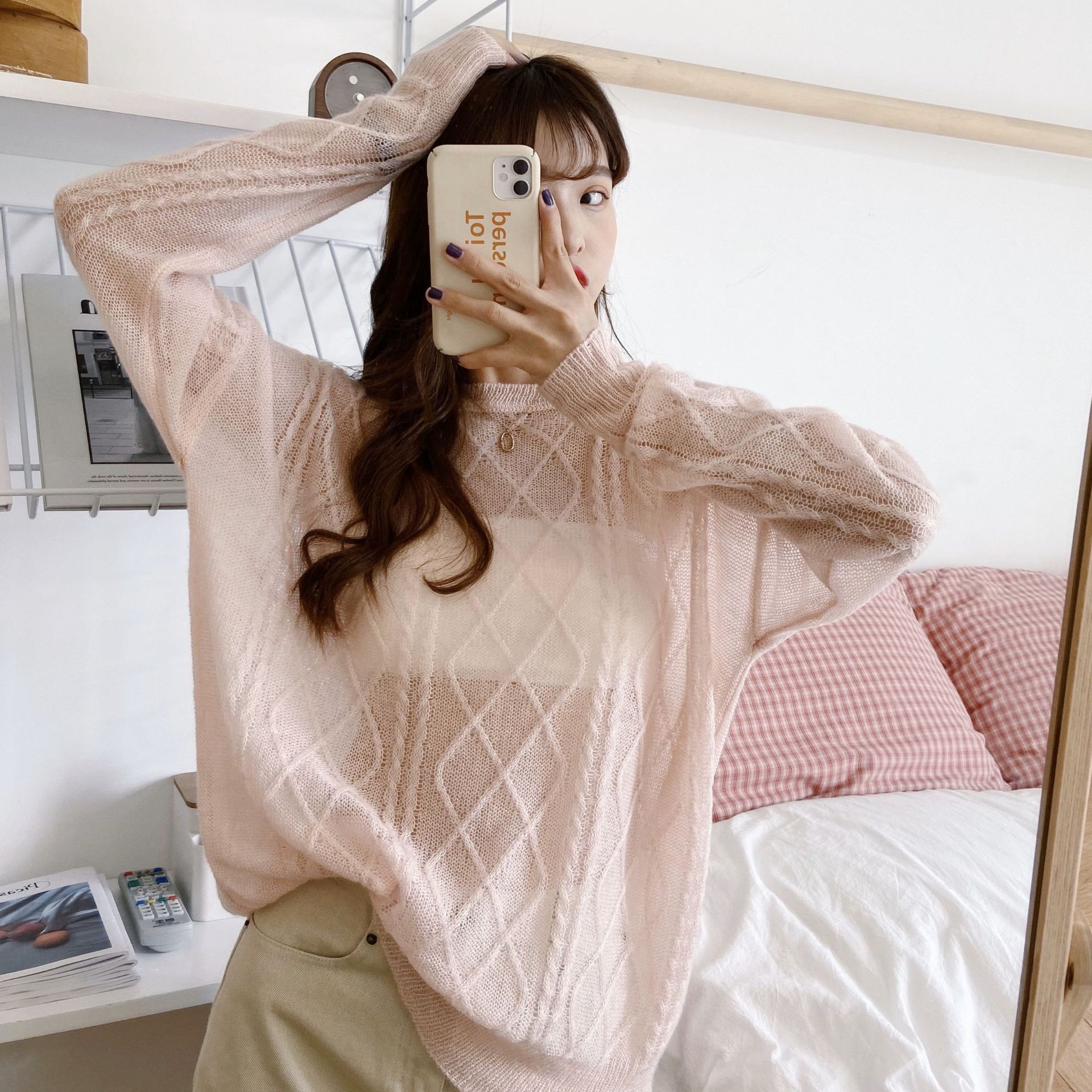 2020春夏新款慵懒风镂空毛衣女韩版麻花针织薄款马海毛上衣罩衫潮