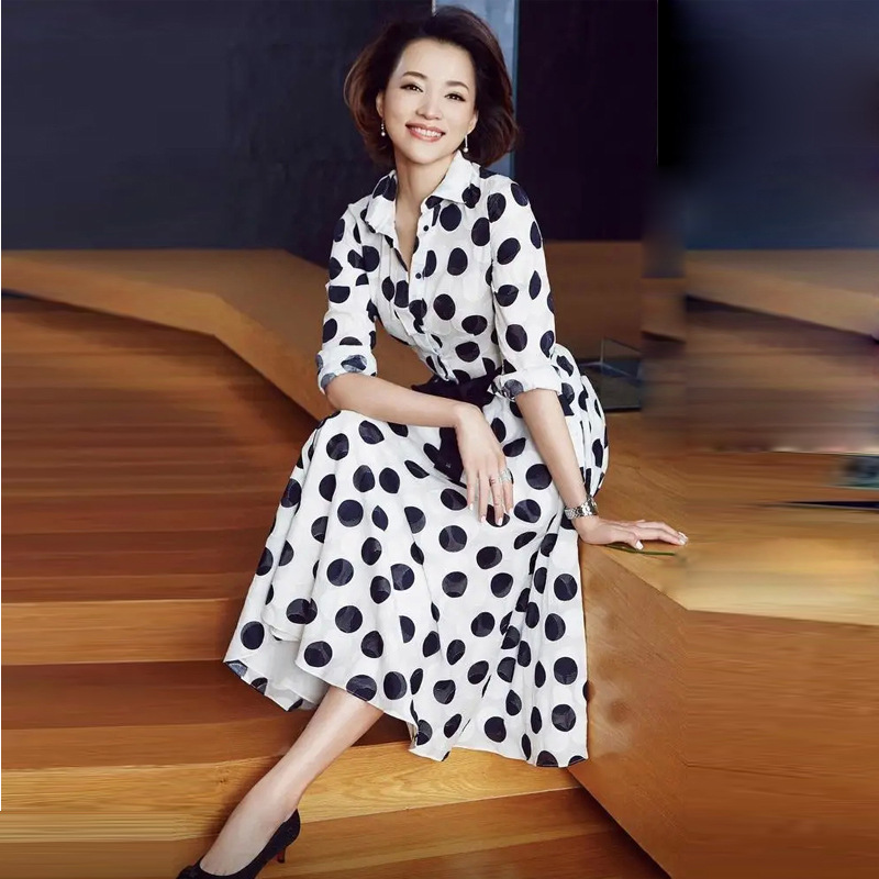 秋季名媛波点衬衫连衣裙20新款女中长款收腰显瘦长袖裙 董卿同款