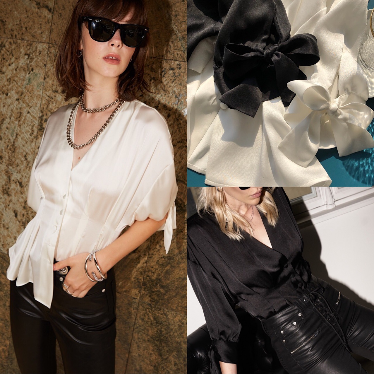 袖口系带真丝衬衫法式复古包扣砂洗真丝缎收腰显瘦中袖衬衣