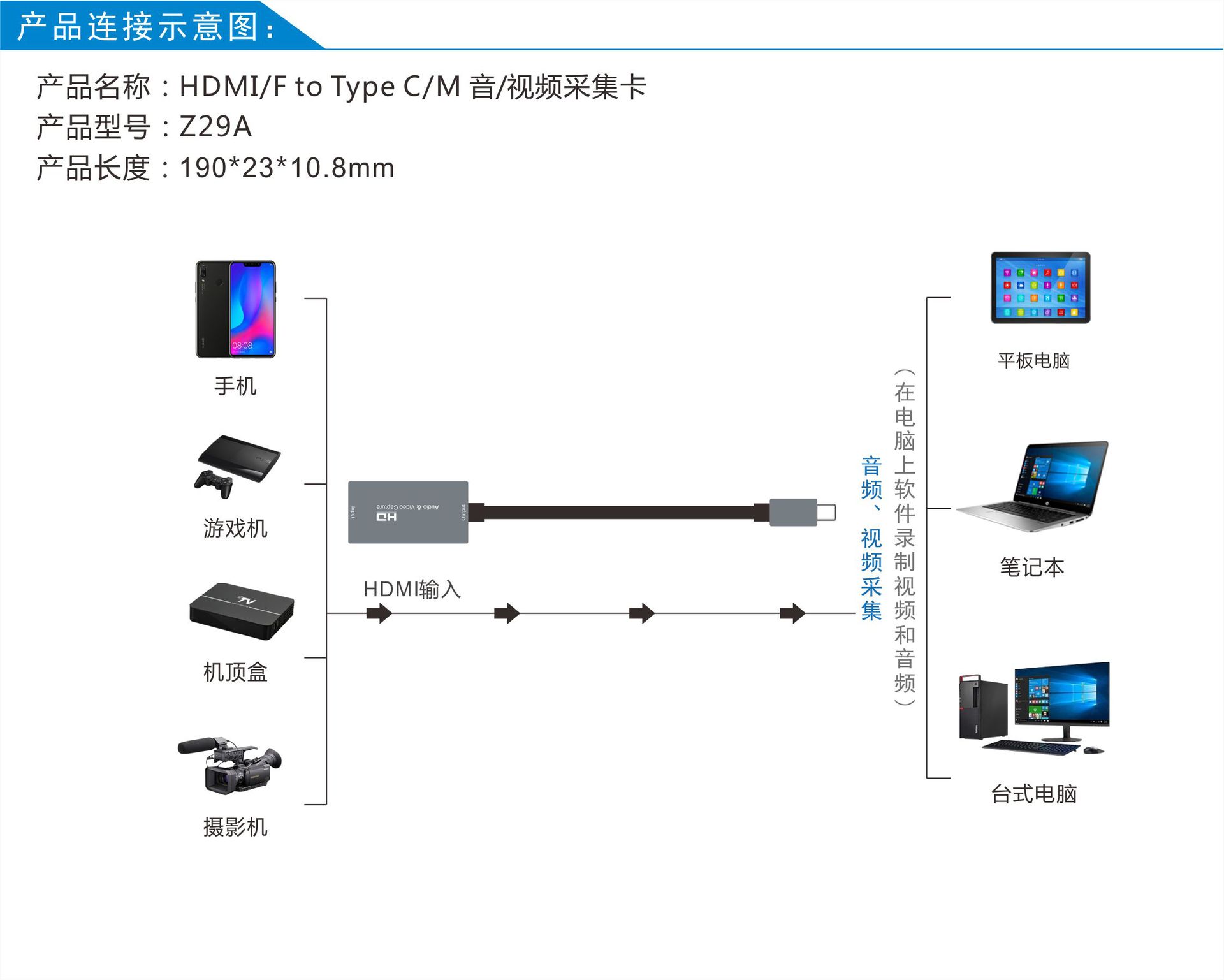 type-c转hdmi高清视频采集卡/盒手机游戏手游直播obs游戏采集器