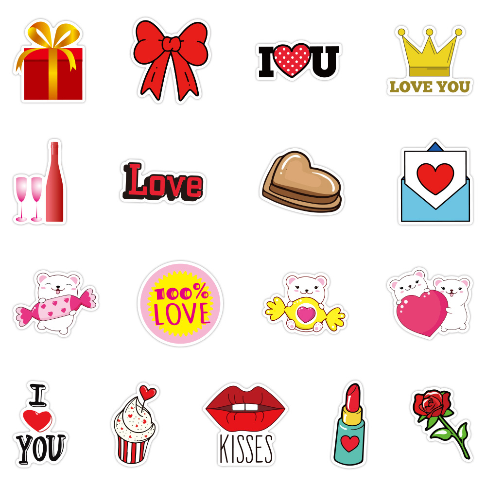 50张儿童卡通情人节告白爱心贴纸七夕情侣笔记本行李箱涂鸦贴纸