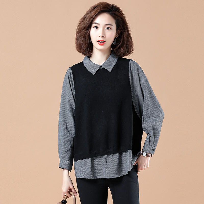 秋装包邮年新款女装大码假两件套头衬衫女韩版宽松设计感小众上衣