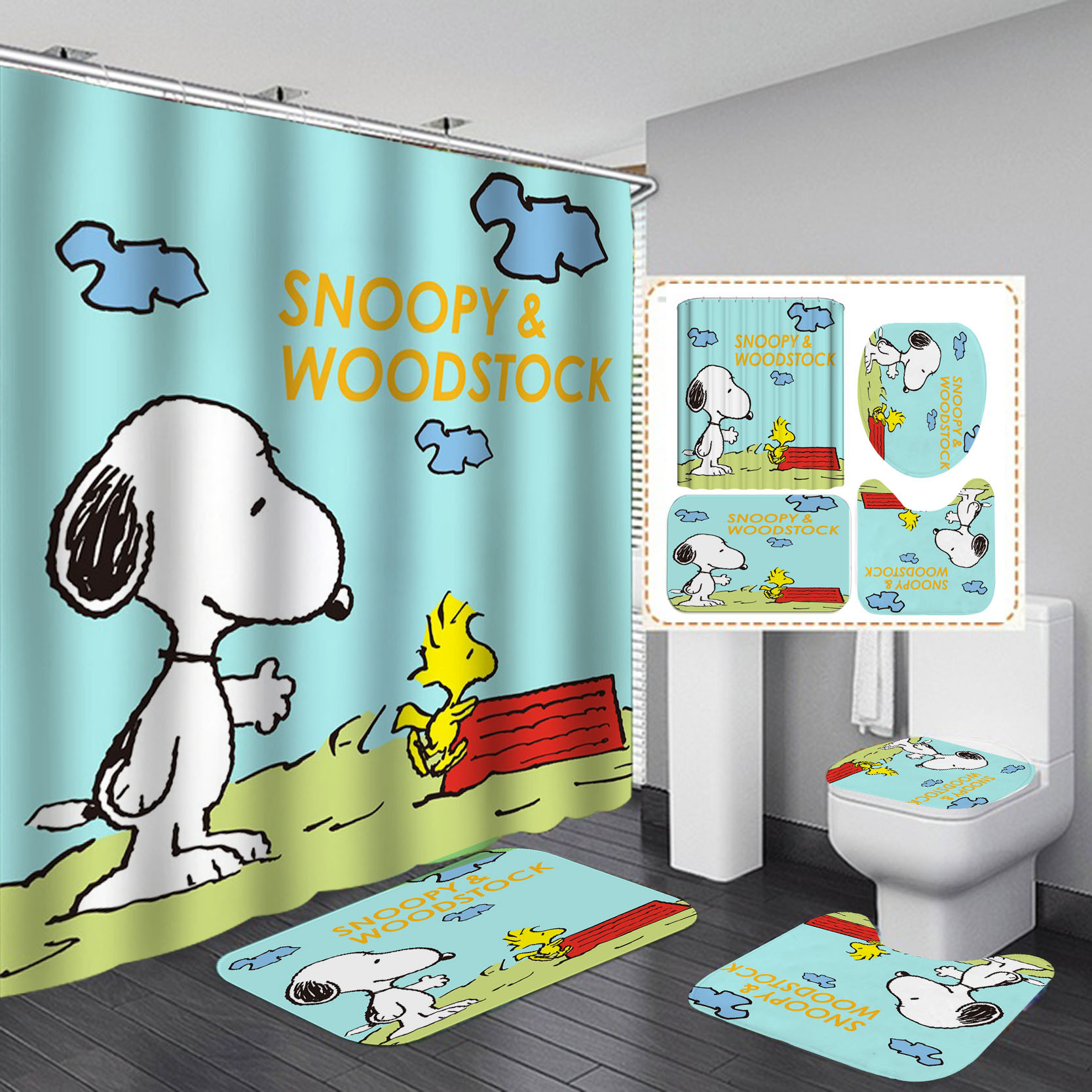 Factory Direct Sales Hot Sale Cartoon Anime HD Digital Printing Mildew-Proof Waterproof Polyester Bathroom Shower Curtain Set