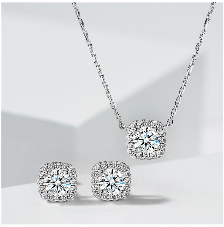 dz113方包密镶1克拉仿真钻石女款吊坠套装组合婚礼饰品项坠子镀金