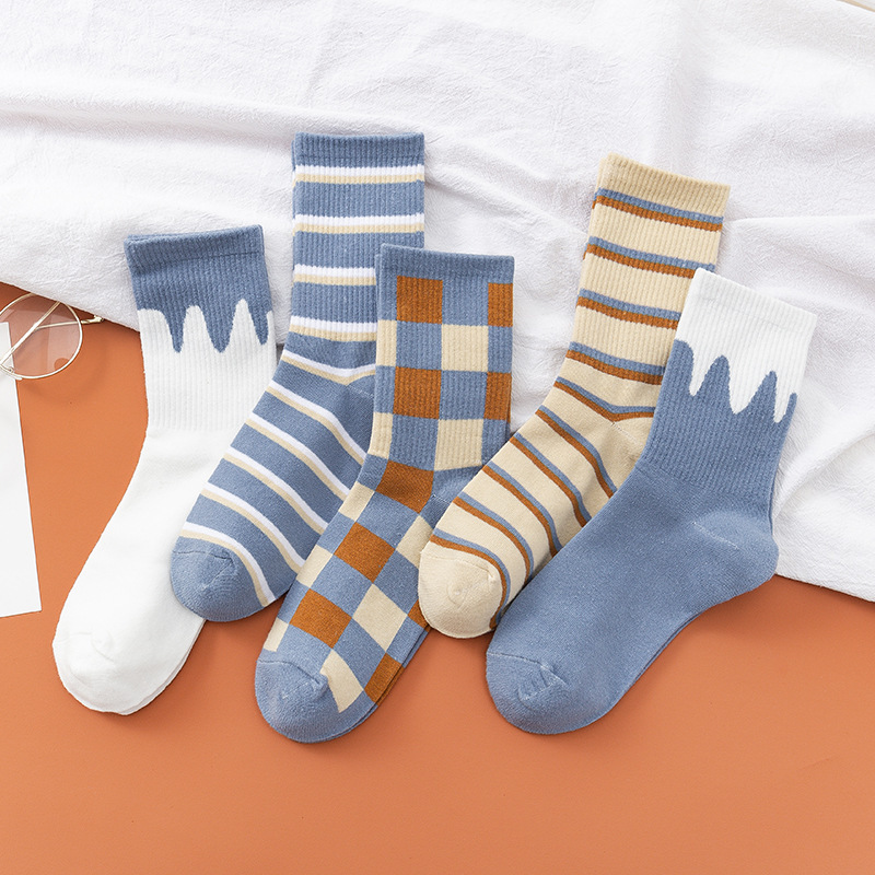 秋冬新款女 ins潮蓝色格子条纹袜子复古街头中筒袜休闲款潮袜