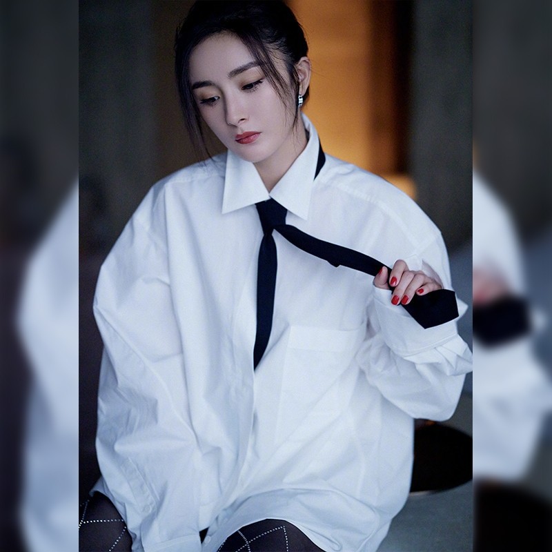 明星杨幂同款jk白色衬衫领带2020秋季新款设计感小众长袖宽松上衣