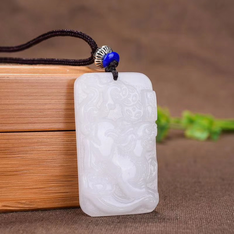 天然新疆昆仑玉貔貅玉牌金丝玉吊坠男女款玉石玉坠招财玉佩项链