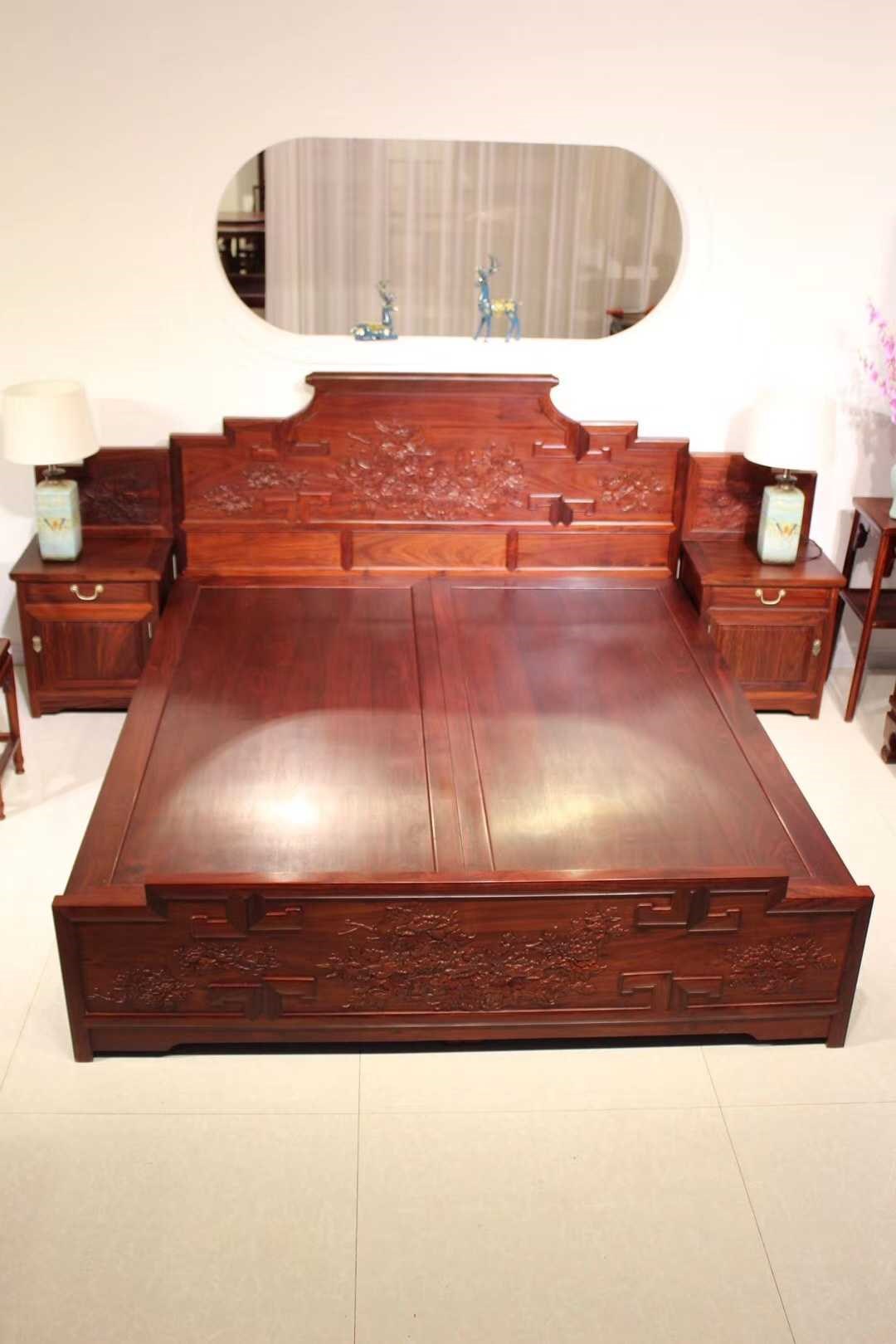 赞比亚血檀牡丹花高低床实木仿古明式清式雕花 红木家具大红酸枝