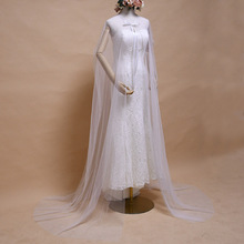 欧美婚礼网纱裙系带卷边斗篷圆领披风白色象牙色小拖尾来图生产