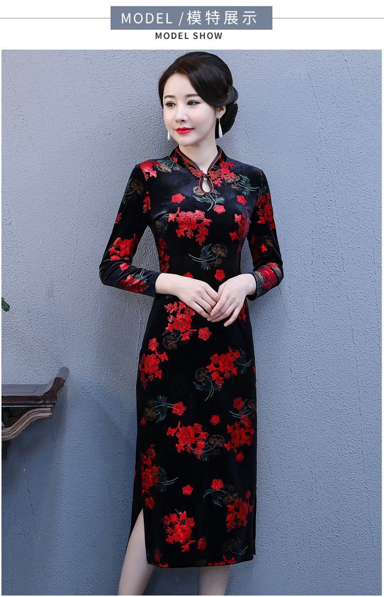 旗袍女秋冬改良改良旗袍中长款中老年大码显瘦中国风妈妈连衣裙女