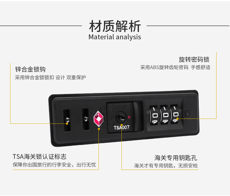 广东厂家tsa16009 tsa007海关密码锁 abs硬箱pc箱内嵌下沉式锁