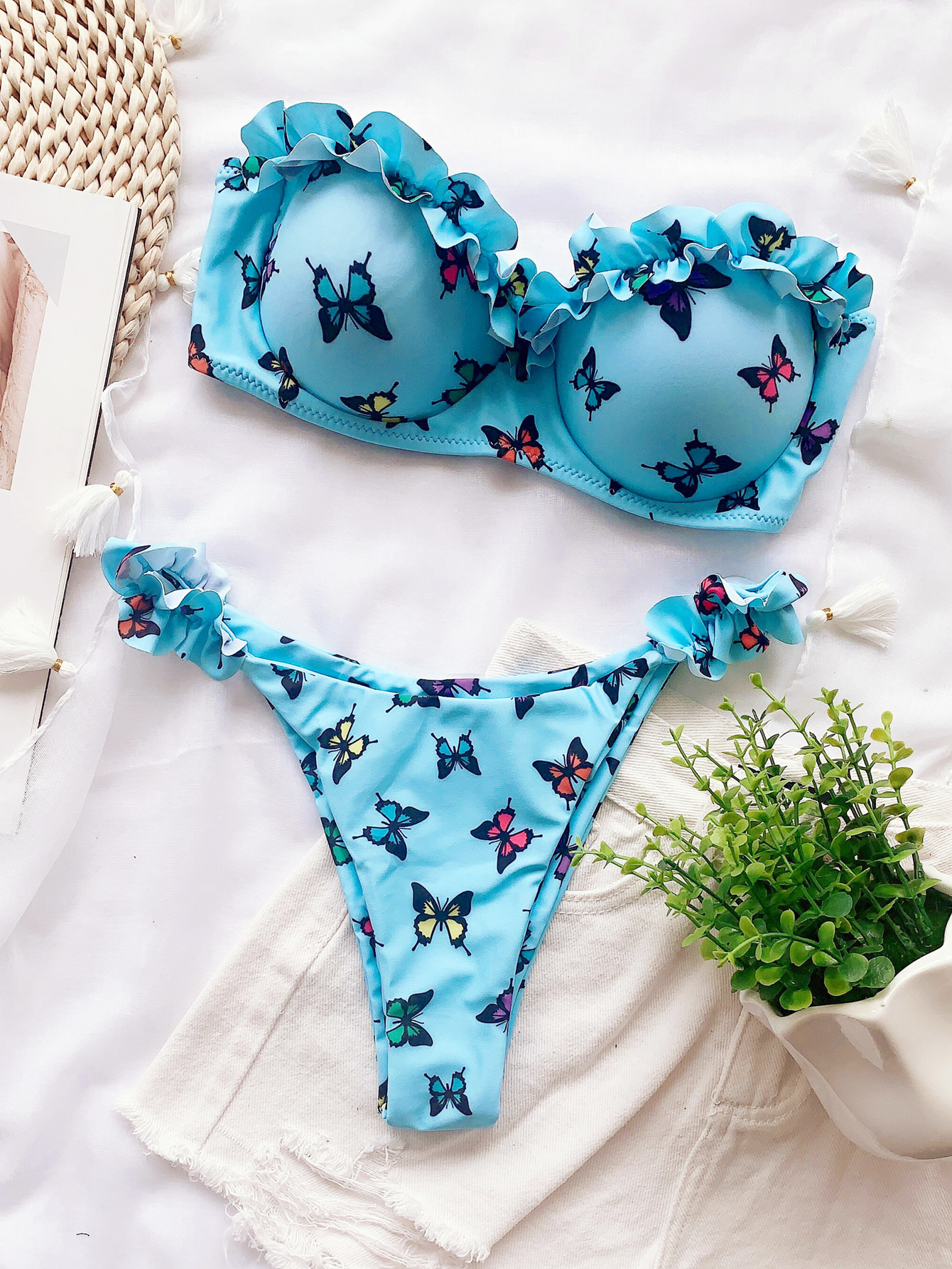 婵双花边泳衣蝴蝶比基尼印花游泳衣欧美新款泳装女士外贸bikini