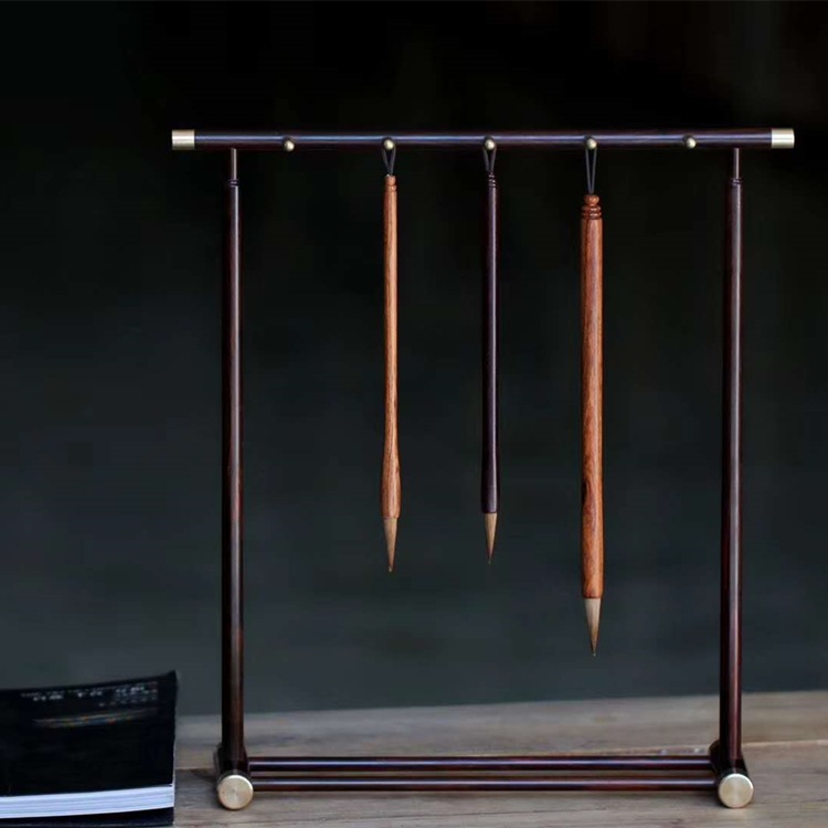 印度小叶紫檀 黑檀木 大红酸枝笔架毛笔挂新中式黄铜摆件文房四宝