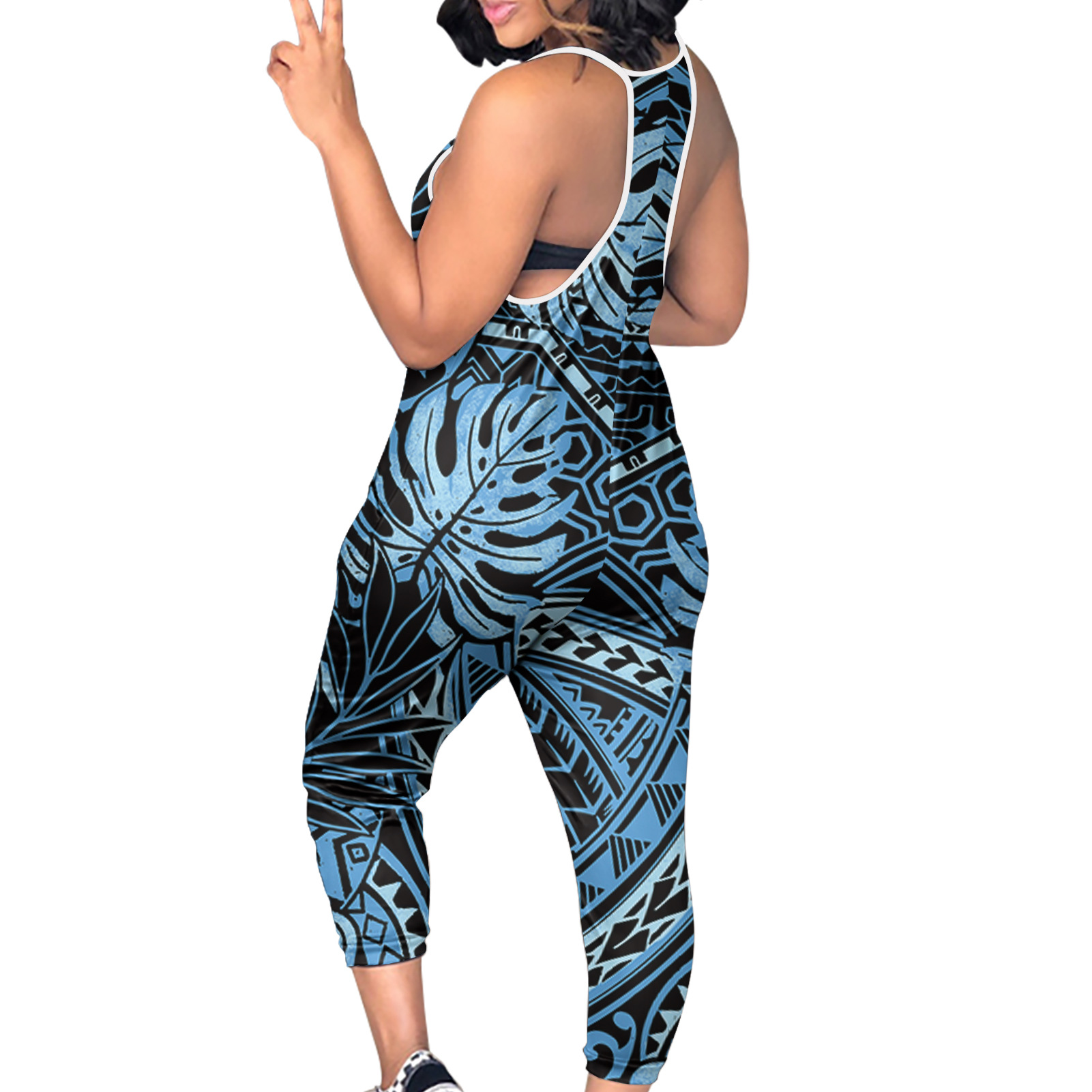 一件起订女士连体裤吊带v领工字休闲裤连体非洲元素印花跨境新款