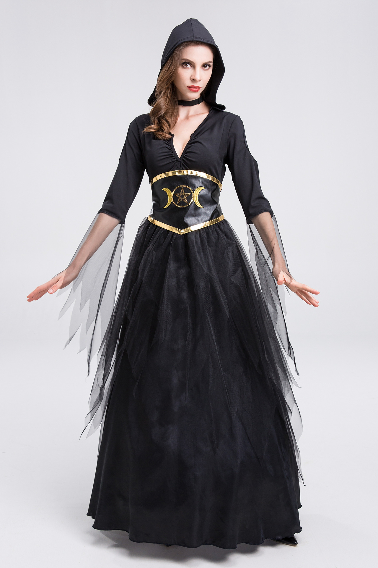 弹力万圣节女巫服长袍女巫魔女cosplay服装成人女法师角色扮演服