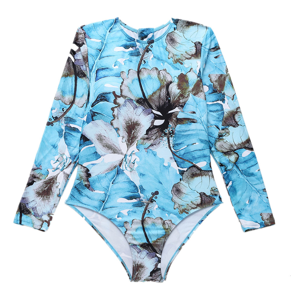 Yi Xia Swimsuit 2021 New Printed Diving Suit Long Sleeve Sunscreen Swimsuit European and American Foreign Trade Surfing Suit One-Piece Swimsuit