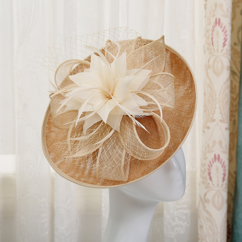 欧式宫廷赛马会网纱羽毛礼帽 宴会年会婚纱配饰 香槟色写真帽子