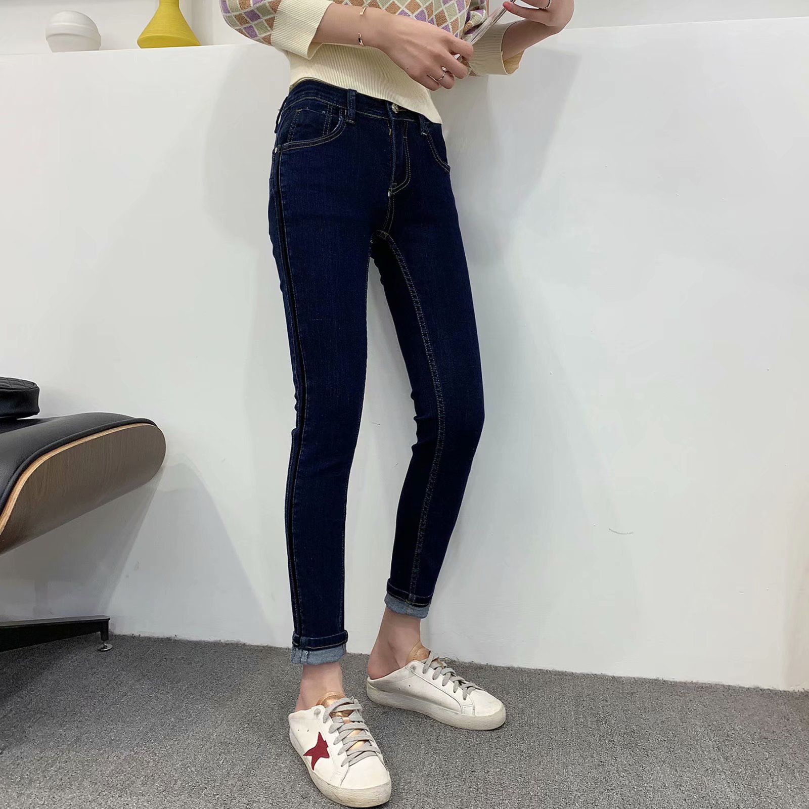 416111 新款修身中高腰紧腿牛仔裤女显瘦弹力铅笔裤百搭小脚长裤