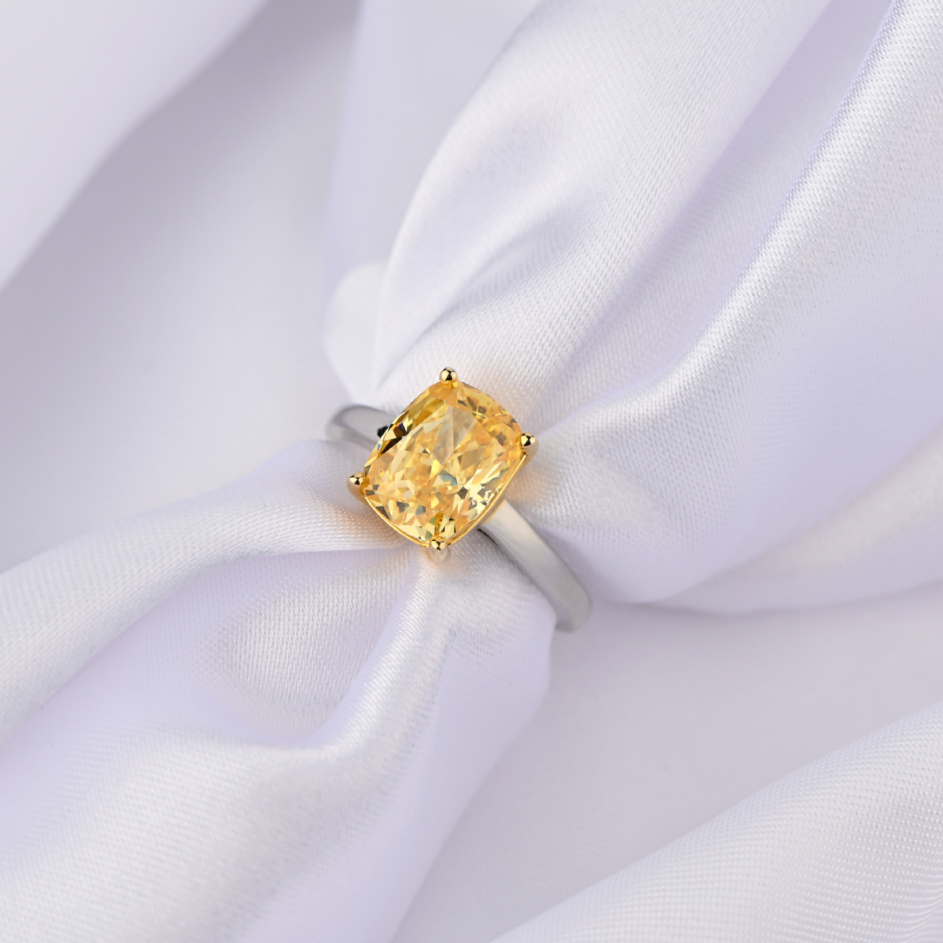 金萌珠宝 s925肥8*11长方黄钻主石戒指结婚情侣对戒ins小红书爆款