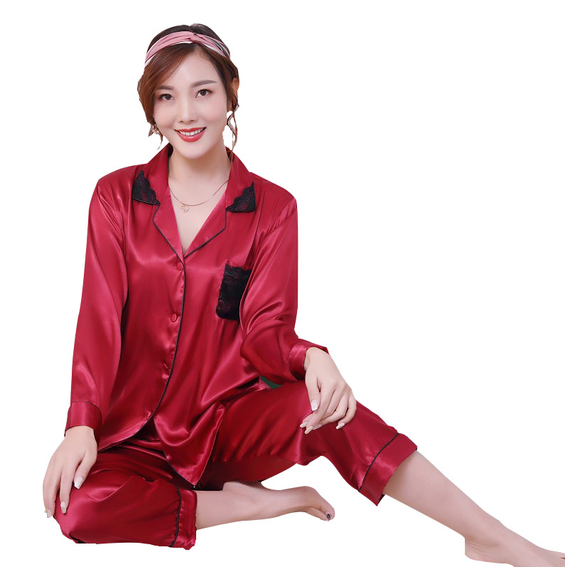 婕西批发冰丝睡衣女夏季长袖仿真丝绸家居服性感两件套薄春秋款