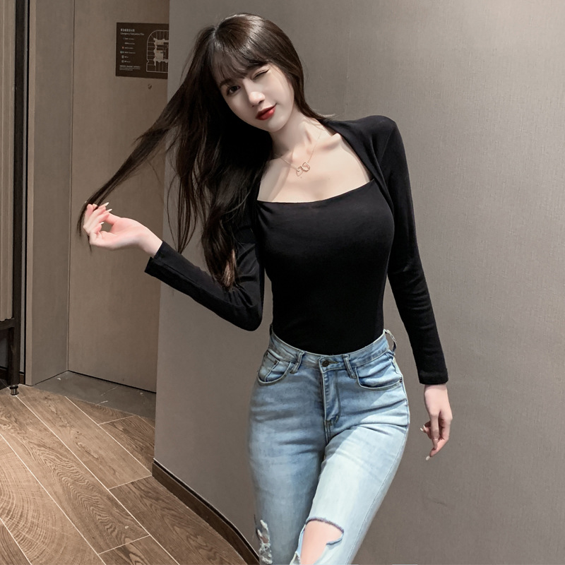 5177097女装夜店性感抹胸式低胸纯色短款打底衫长袖上衣单衣t恤