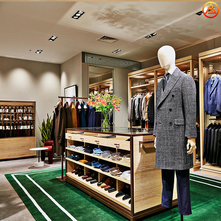 佛山设计专卖店服装店展示架男士西装服展柜中岛柜木质皮带展示柜