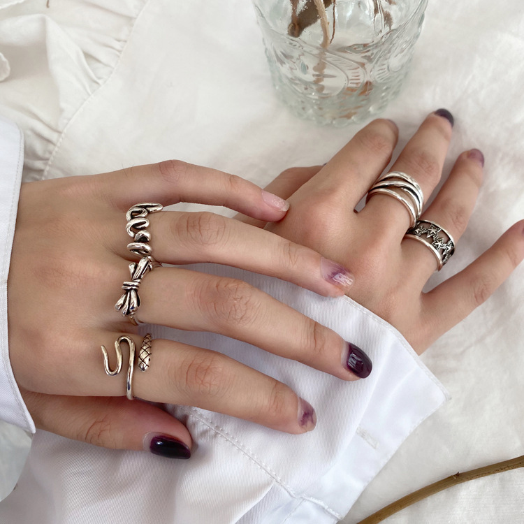 日韩复古叠戴组合戒指女925银ins个性简约嘻哈蹦迪开口食指环潮