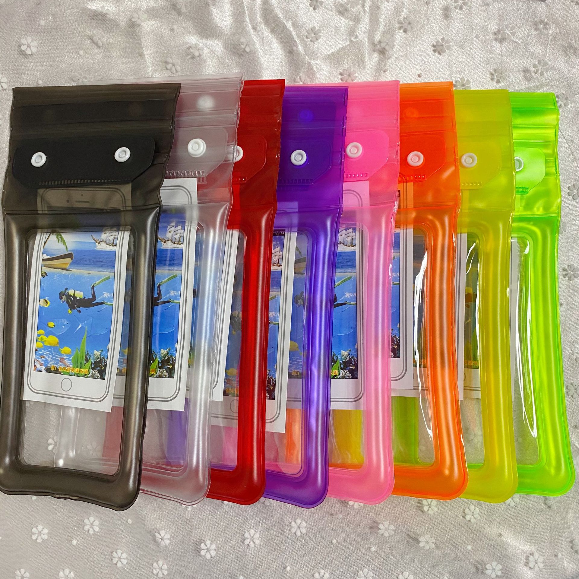 三层折叠按扣贴触屏手机彩色防水袋外漂流游泳潜水密封手机防水袋