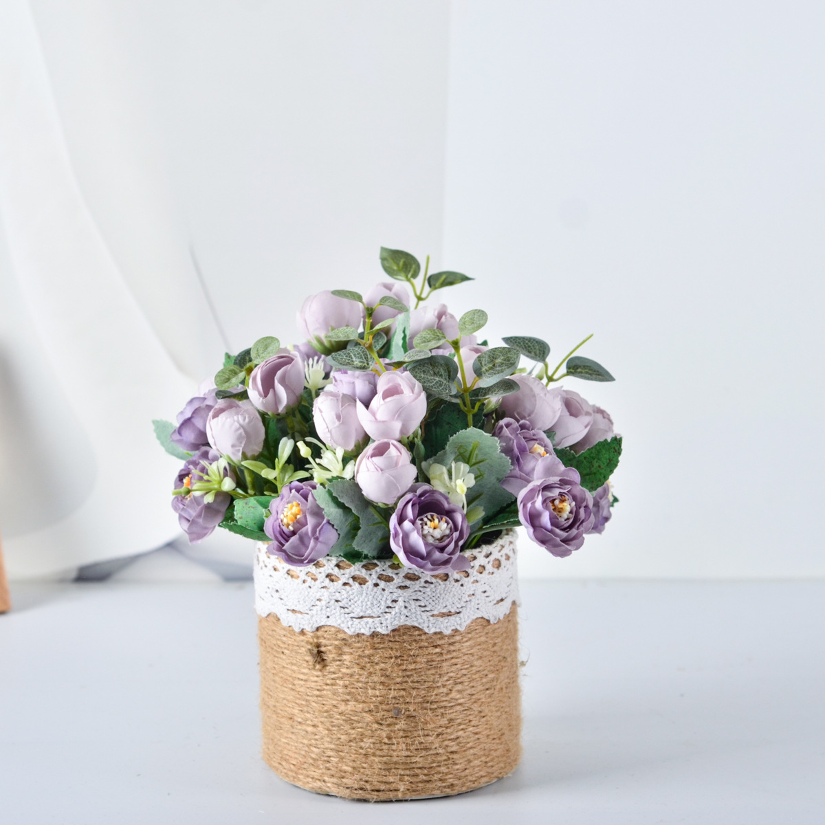 人造尤加利叶玫瑰花麻绳绿植小盆栽走廊庭院咖啡馆家居室内摆件