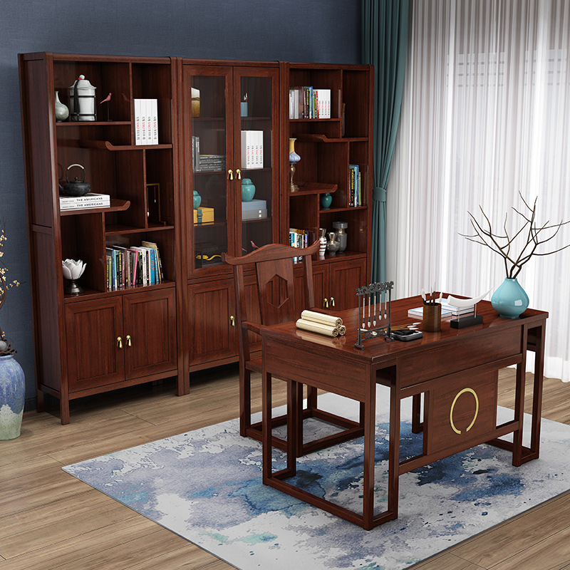 新中式全实木书桌书架组合电脑桌禅意写字书画桌书房家具