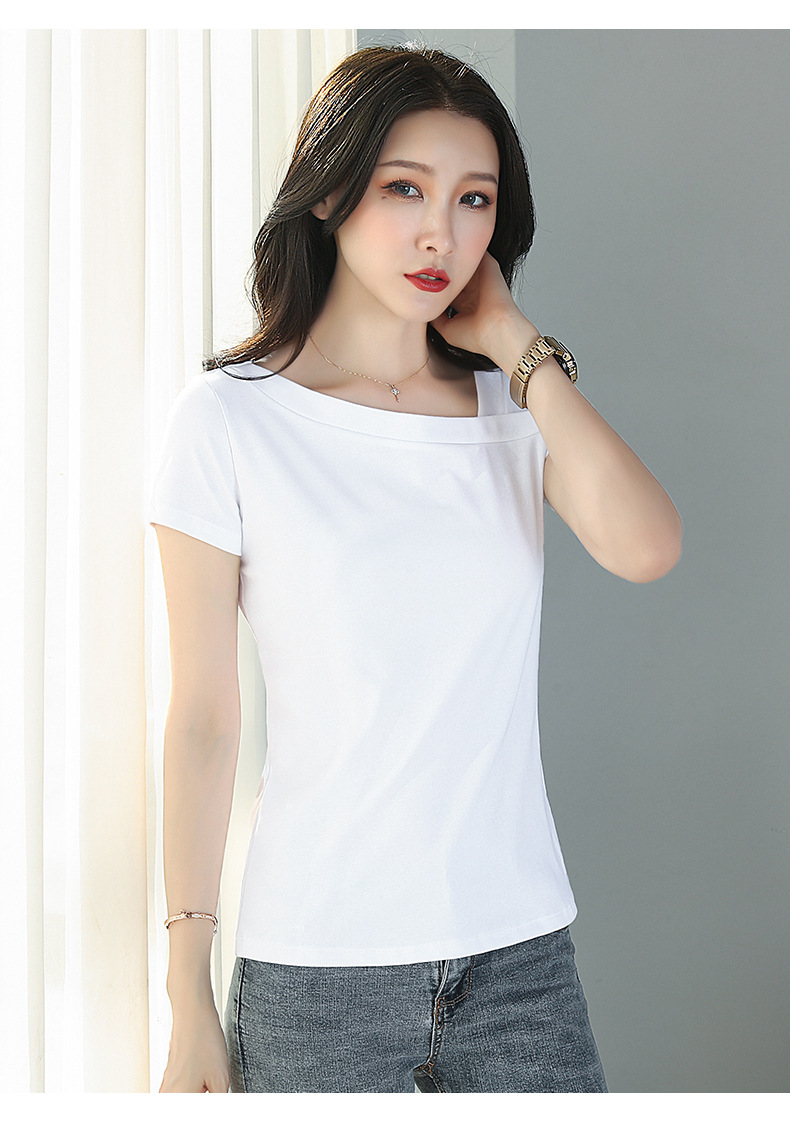 斜肩t恤女心机修身锁骨短袖女不规则短款白色斜肩半袖上衣女体恤
