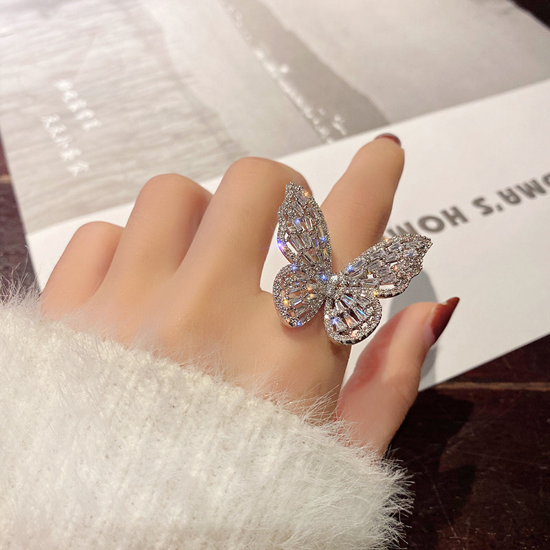 Best Seller in Europe and America Fashion and Fully-Jewelled Butterfly Opening Ring Hollow Gem Exaggerated Ring Popular Ornament
