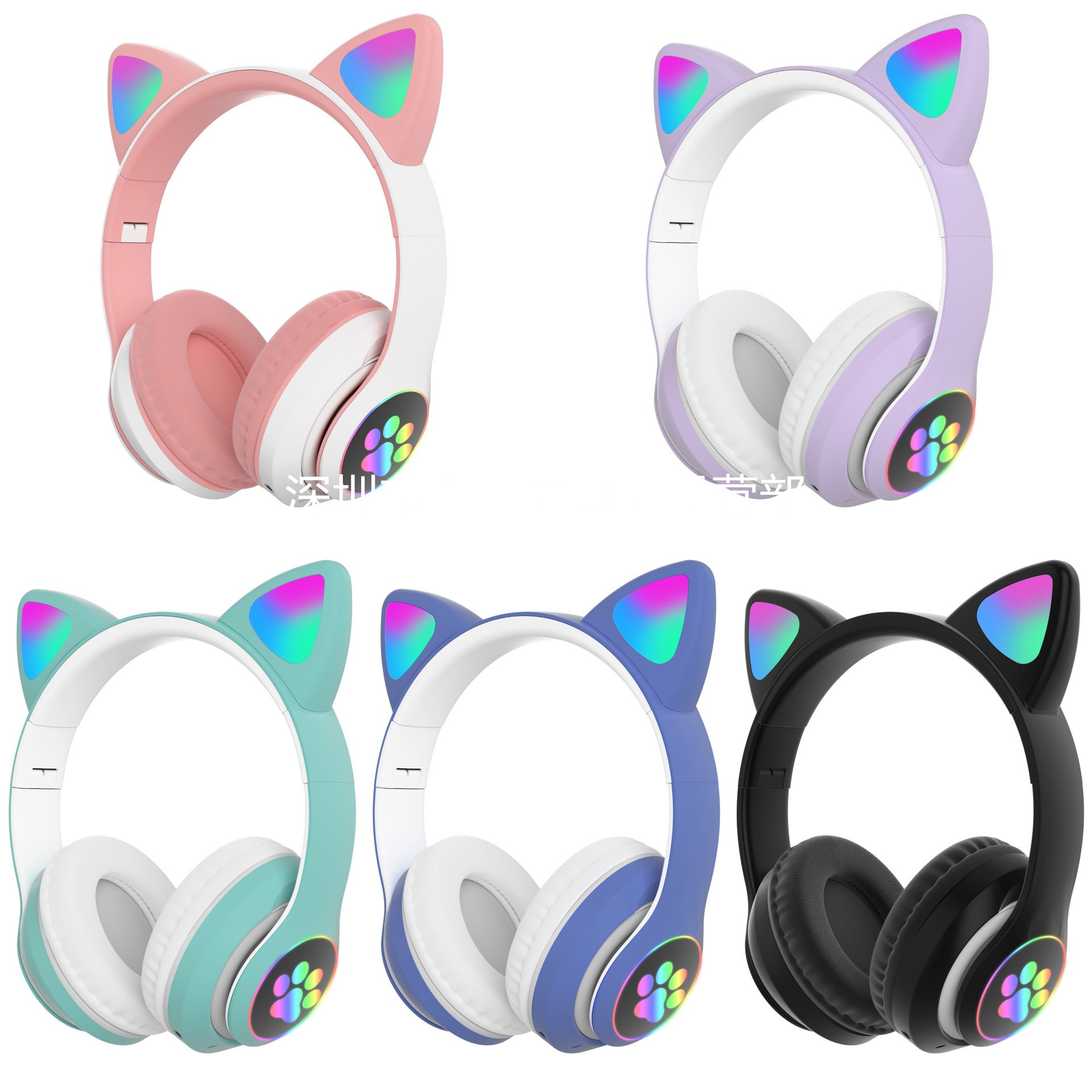 Cross-Border Hot Selling Glowing Bluetooth Earphone Cellphone Stereo Foldable Cartoon Wireless Cat Ear Headset for Children