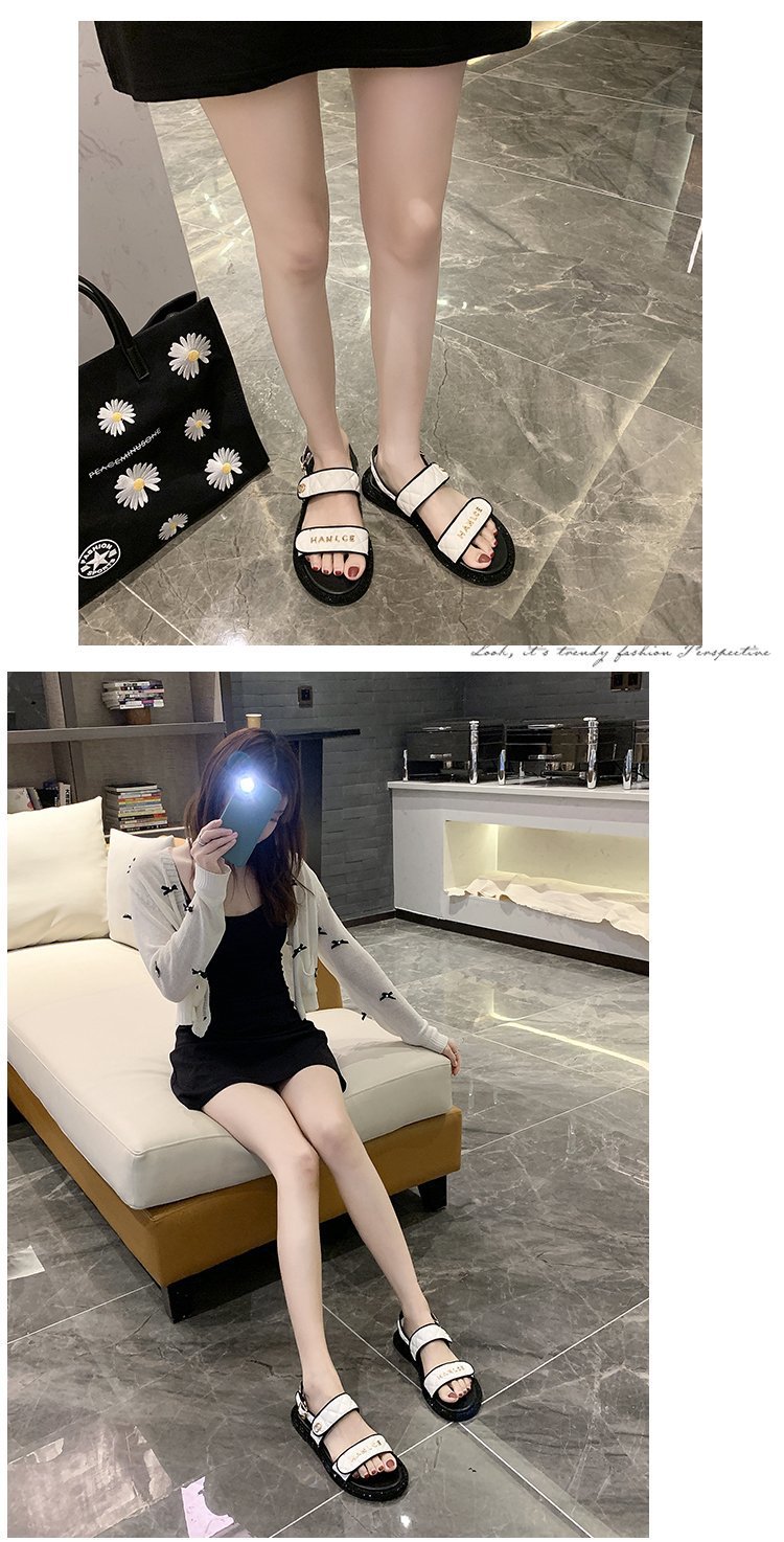 仙女小香风凉鞋2020新款菱形格魔术贴沙滩鞋配裙子网红露趾罗马鞋