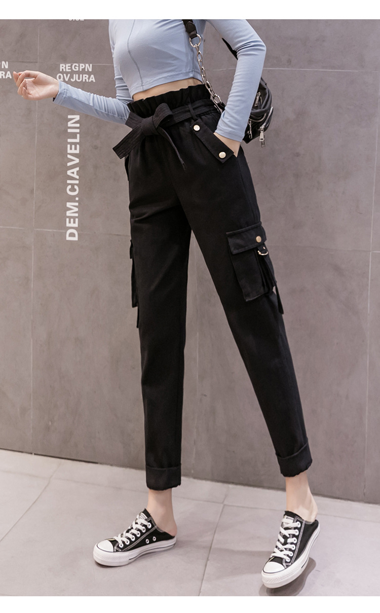 ins帅气多口袋黑色工装裤2020春秋新款宽松显瘦高腰休闲裤花苞裤