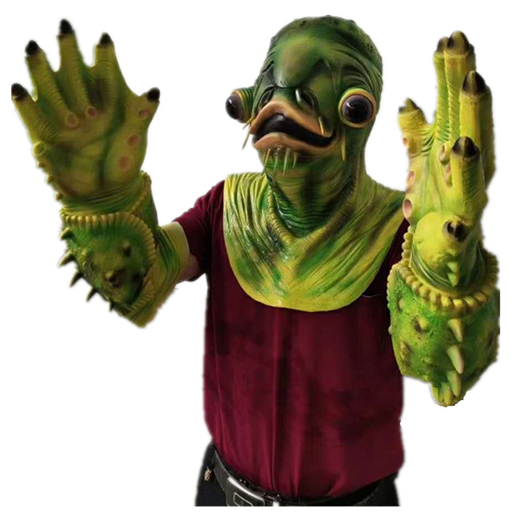 鲶鱼精面具手套万圣节恐怖绿鱼怪乳胶头套爪子跨境新品圣诞节面罩