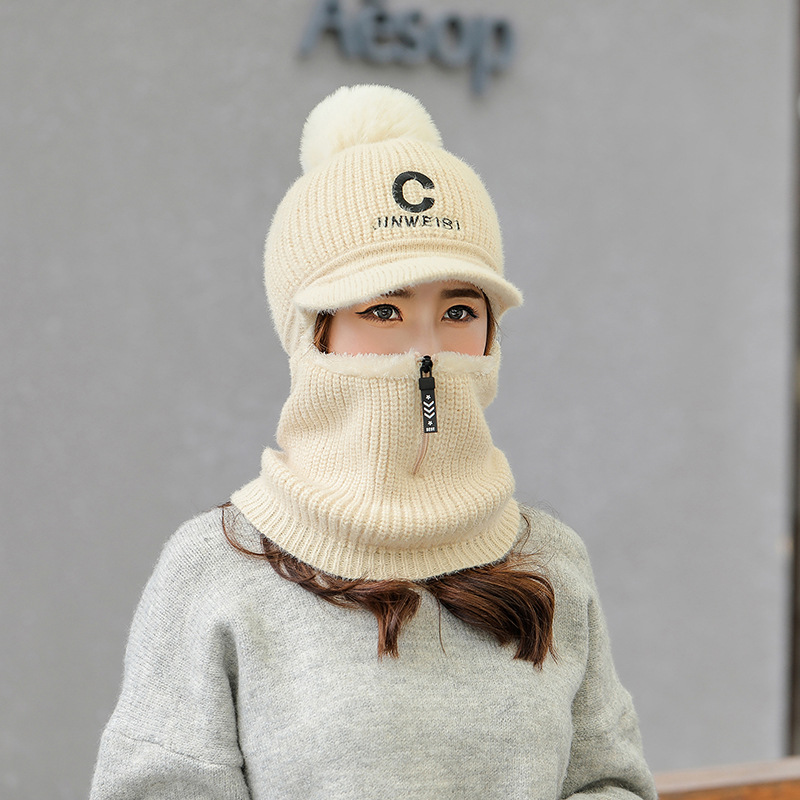 帽子女秋冬季加绒加厚百搭韩版潮冬天护耳保暖鸭舌毛线帽连体帽子