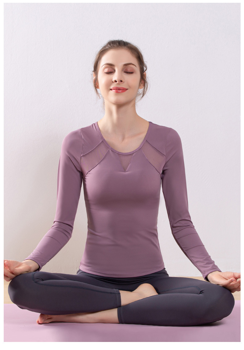 瑜伽服女秋季长袖运动套装上衣交叉美背衣服锦纶棉紧身速干带胸垫