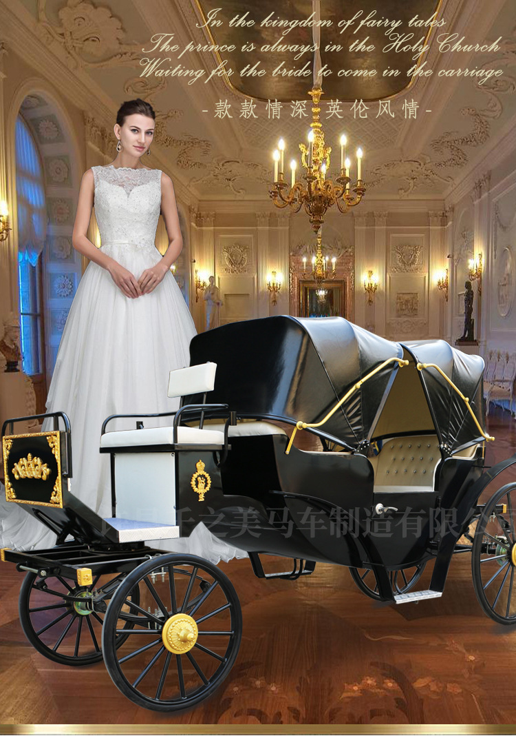 定金欧式豪华观光马车黑色双蓬可折叠双排旅游马车马拉款四轮马车