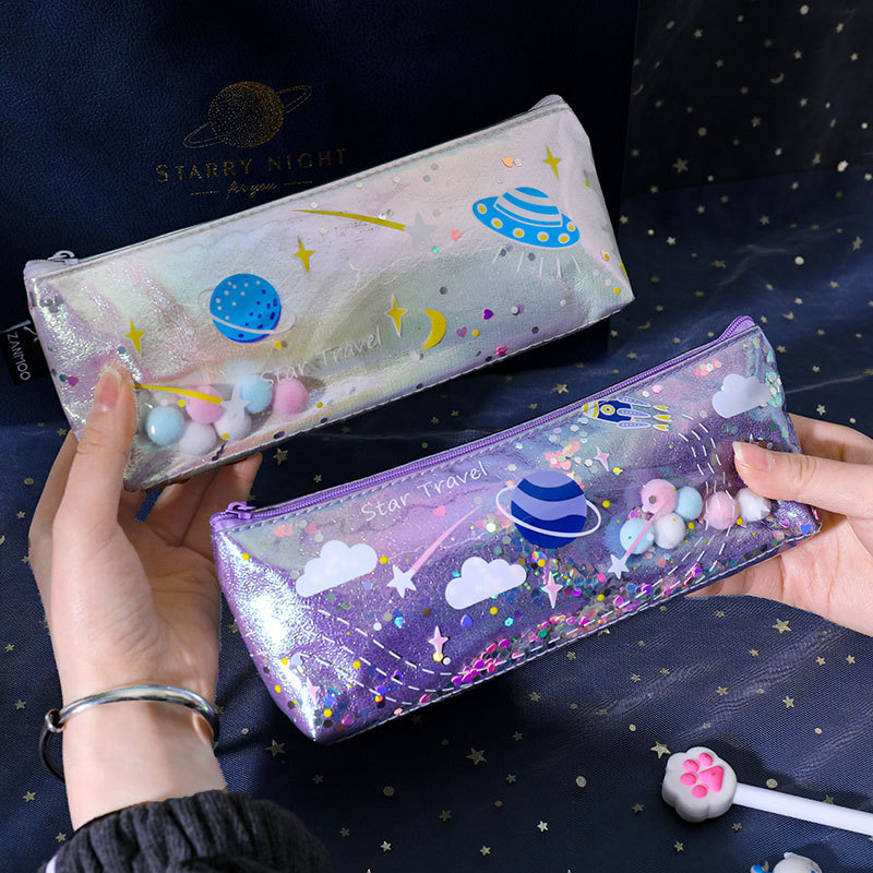 艺蓝创意星球流沙笔袋ins学生个性文具袋防水绚丽文具盒镭射笔袋