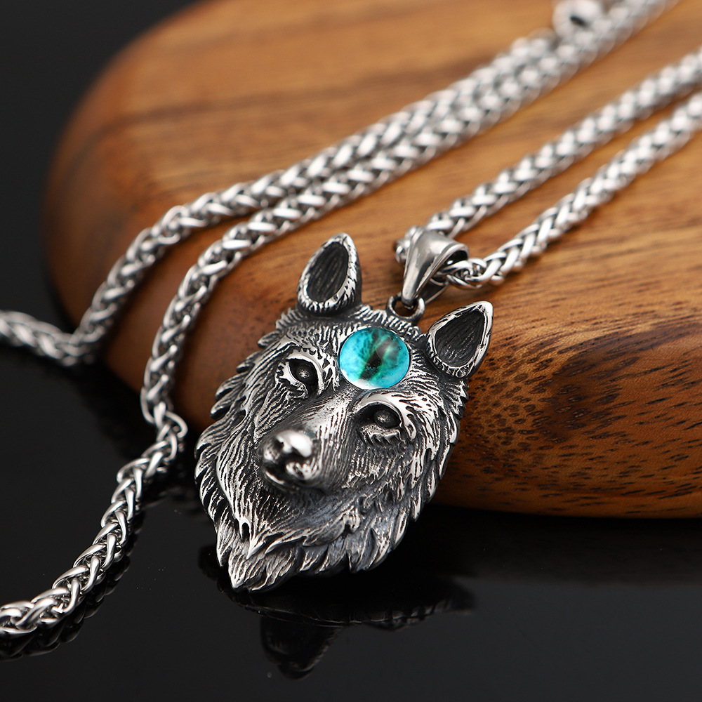 外贸电商爆款不锈钢北欧神话维京狼头吊坠项链红眼蓝眼男士饰品