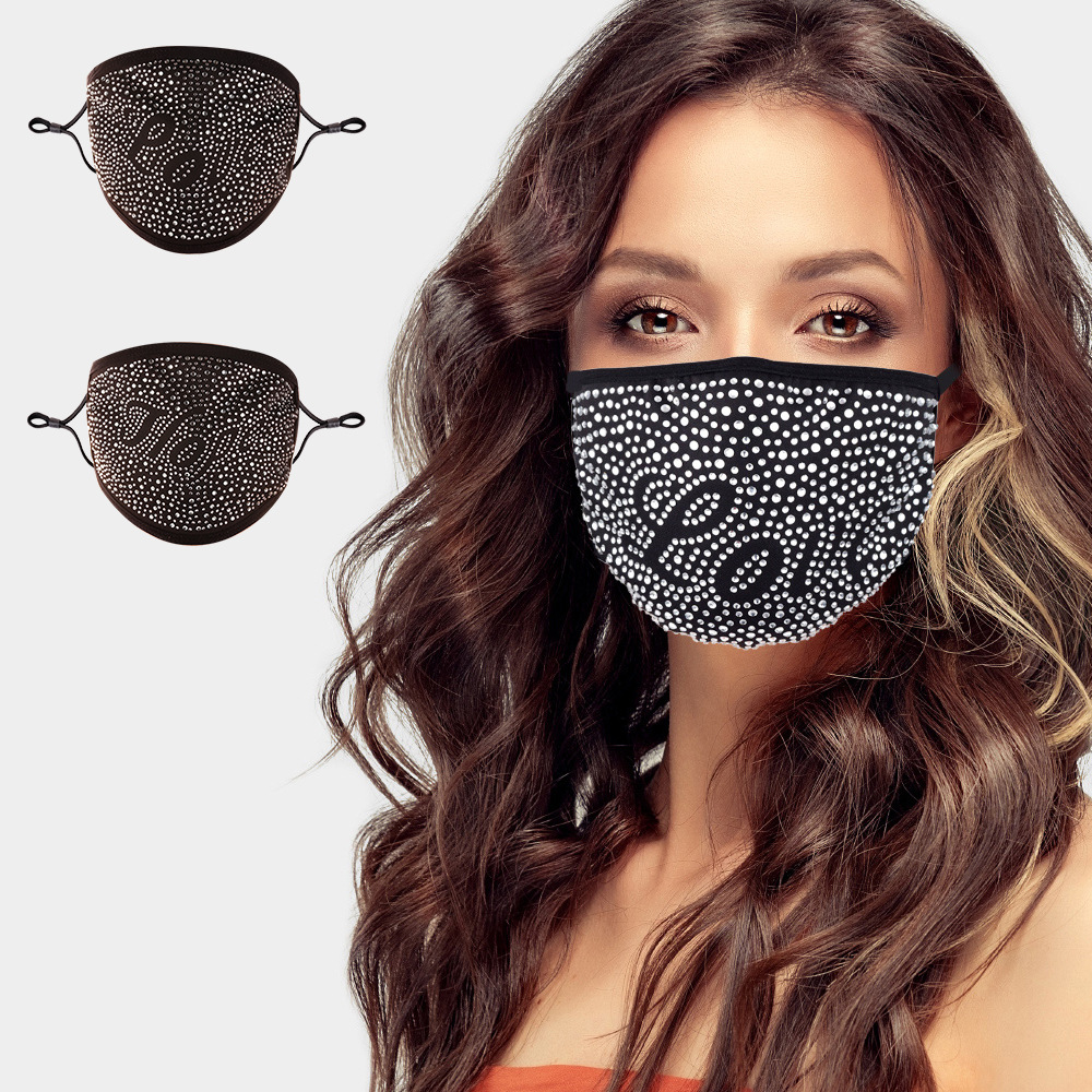 跨境冬季烫钻棉口罩防尘love过滤片黑色时尚水钻个性棉可水洗口罩